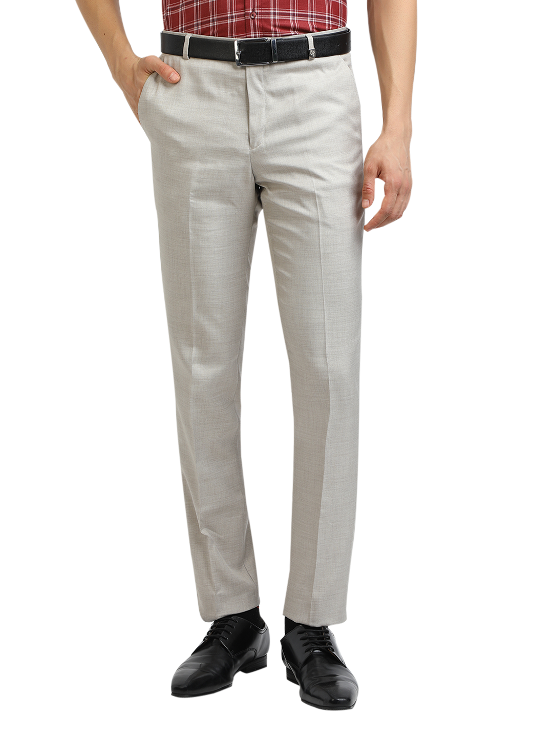 Model wearing Clarke Gable's Off-White Casual Fit Trousers in a casual setting