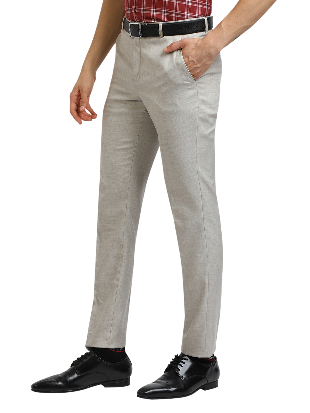 Model wearing Clarke Gable's Off-White Casual Fit Trousers in a casual setting