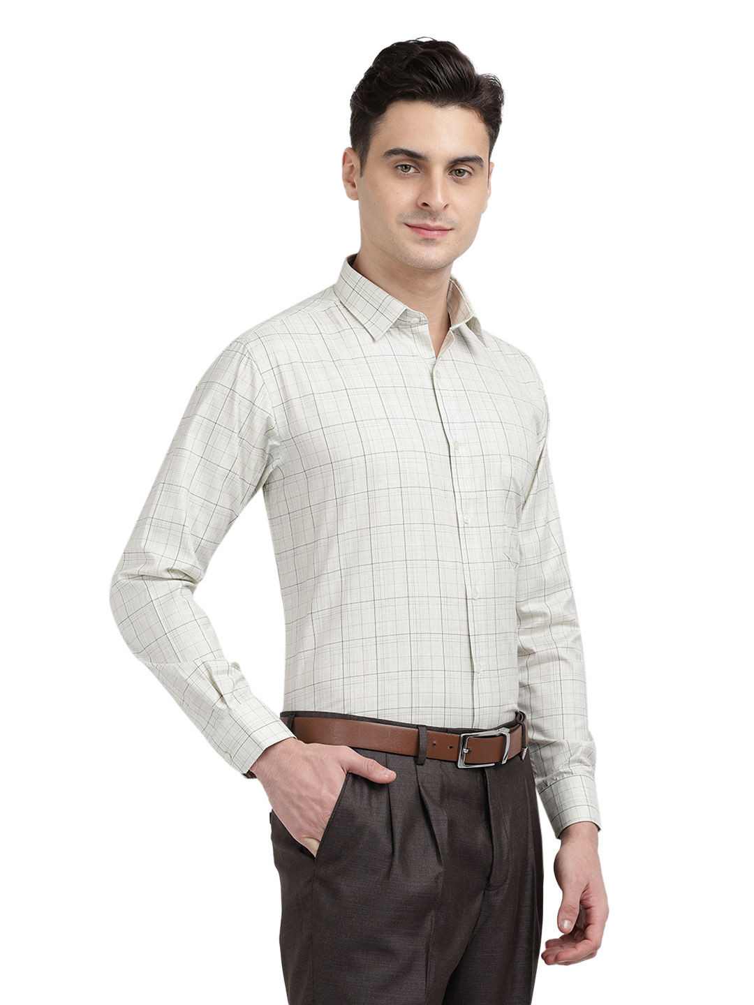 Model wearing Clarke Gable's Off-White With Black Checked Formal Shirt in a casual setting