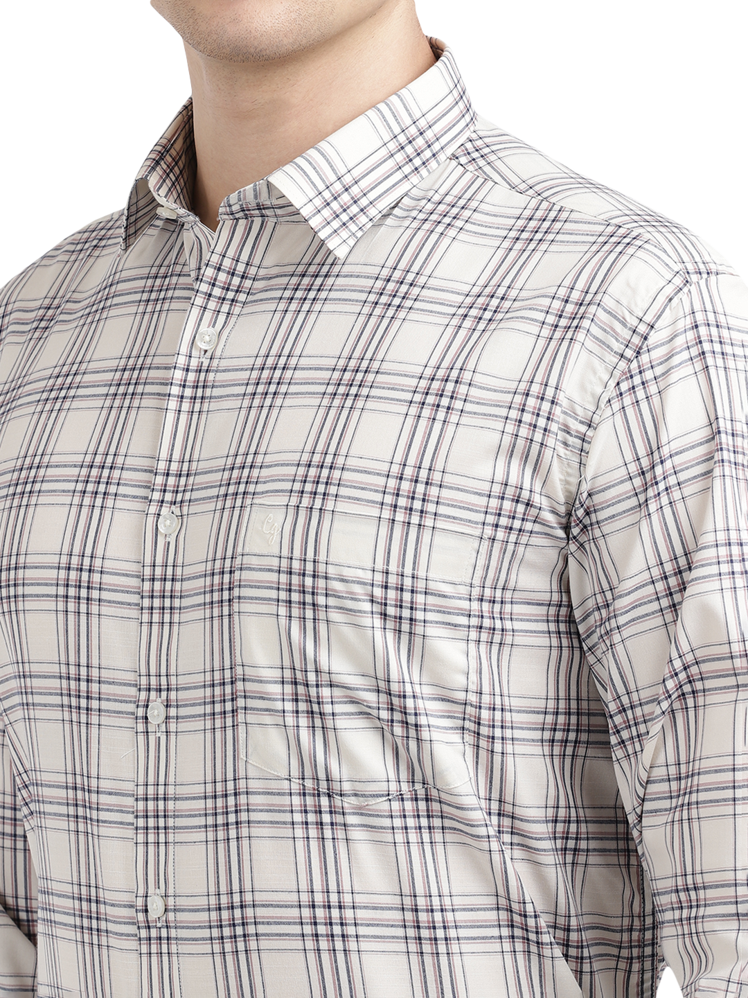 Model wearing Clarke Gable's Off-White With Brown Checked Formal Shirt in a casual setting