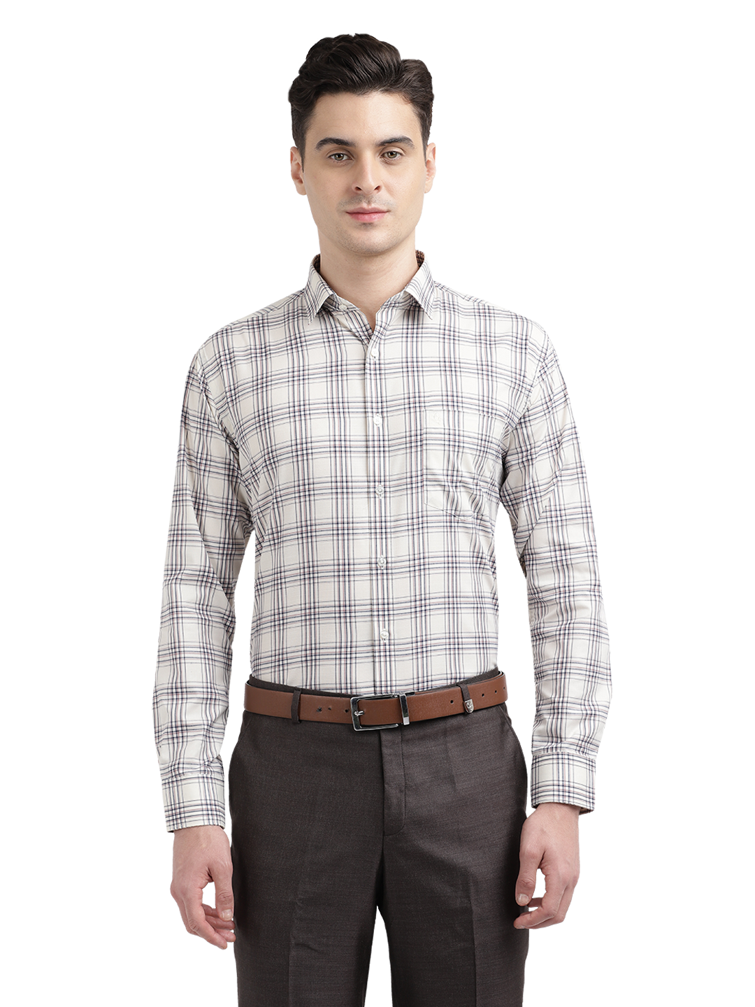 Model wearing Clarke Gable's Off-White With Brown Checked Formal Shirt in a casual setting