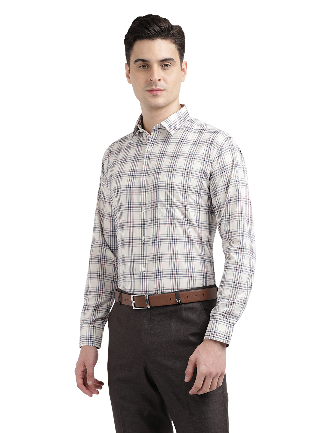 Model wearing Clarke Gable's Off-White With Brown Checked Formal Shirt in a casual setting
