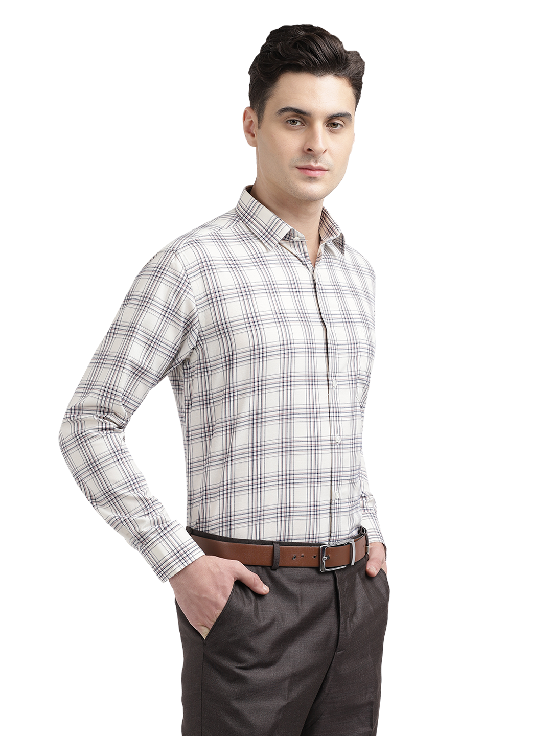 Model wearing Clarke Gable's Off-White With Brown Checked Formal Shirt in a casual setting