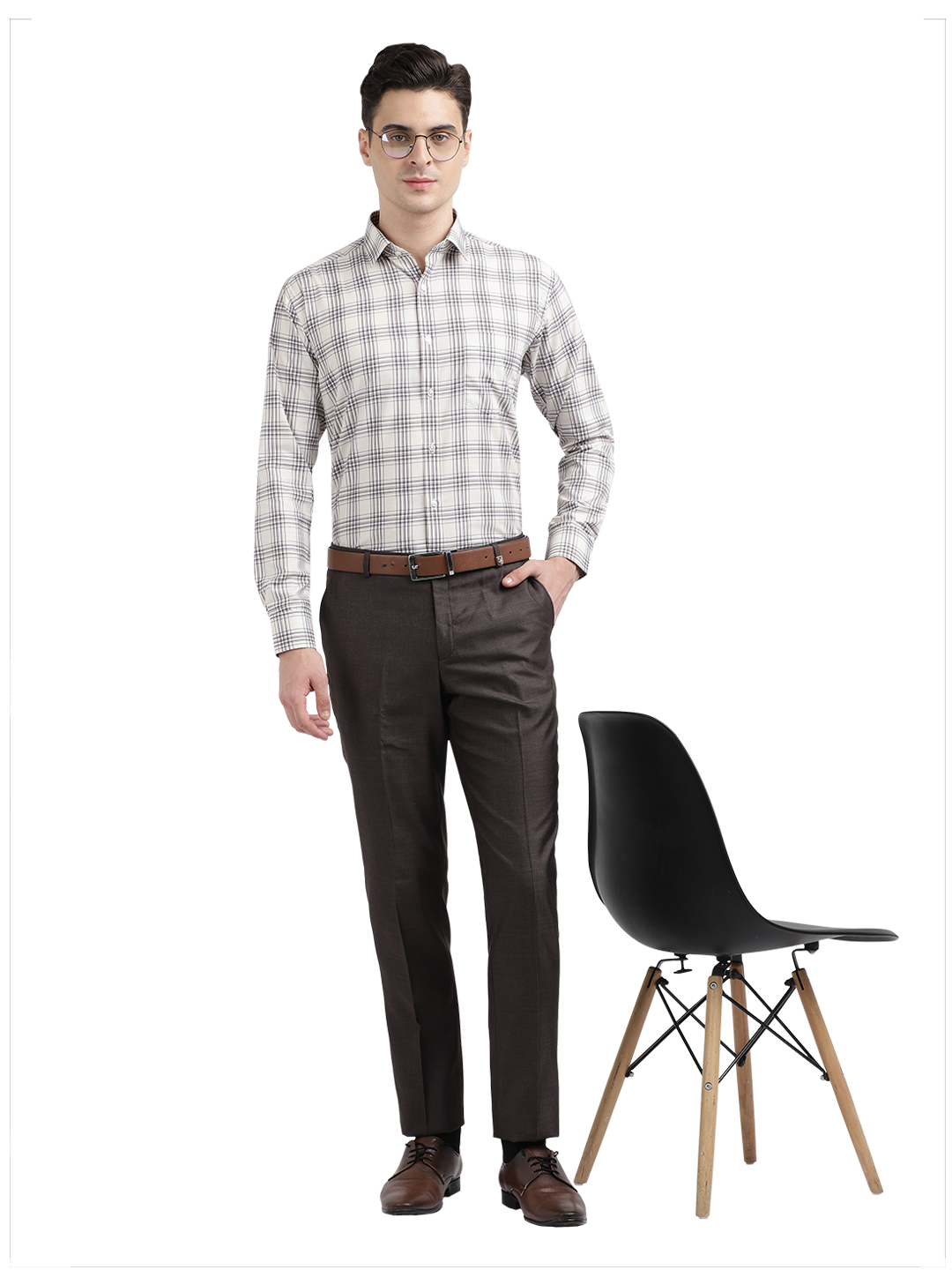 Model wearing Clarke Gable's Off-White With Brown Checked Formal Shirt in a casual setting