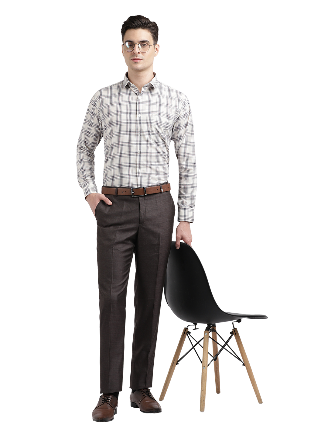 Model wearing Clarke Gable's Off-White With Brown Checked Formal Shirt in a casual setting