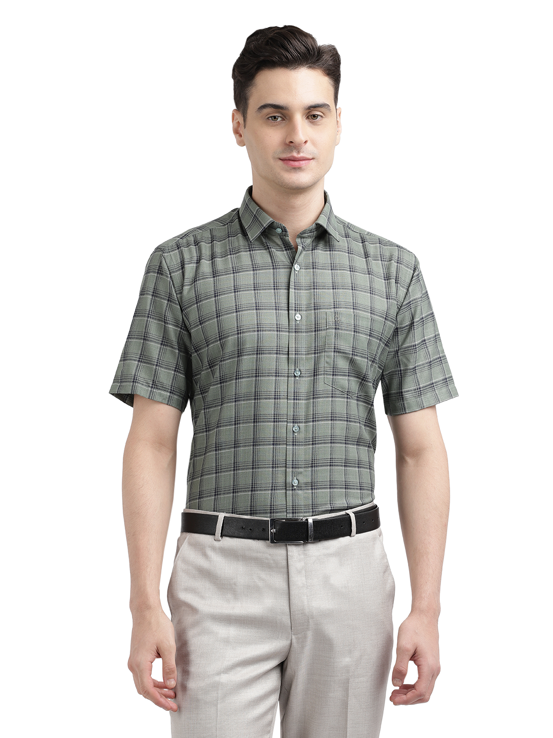 Model wearing Clarke Gable's Olive Green Checked Formal Shirt in a casual setting