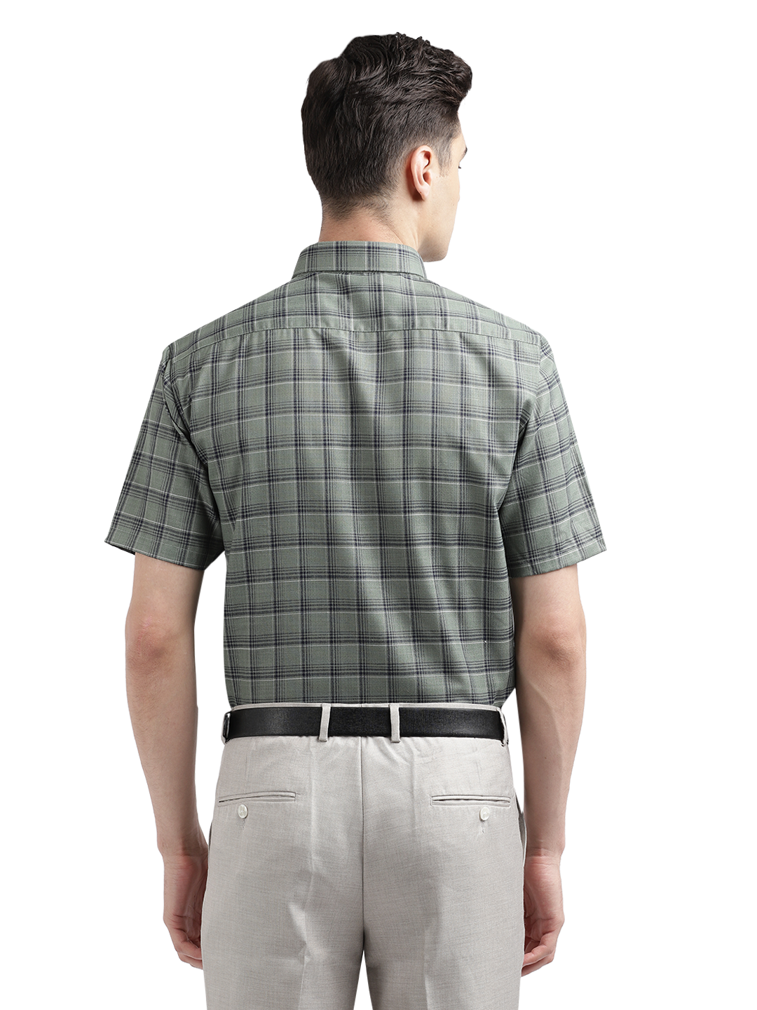 Model wearing Clarke Gable's Olive Green Checked Formal Shirt in a casual setting