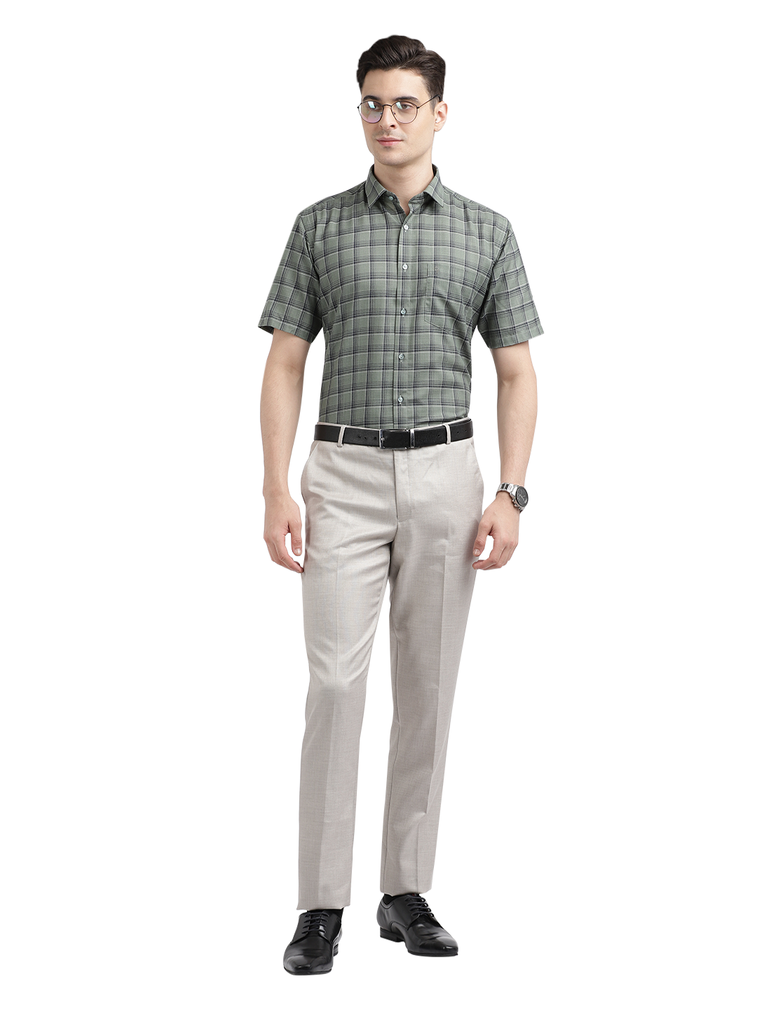 Model wearing Clarke Gable's Olive Green Checked Formal Shirt in a casual setting