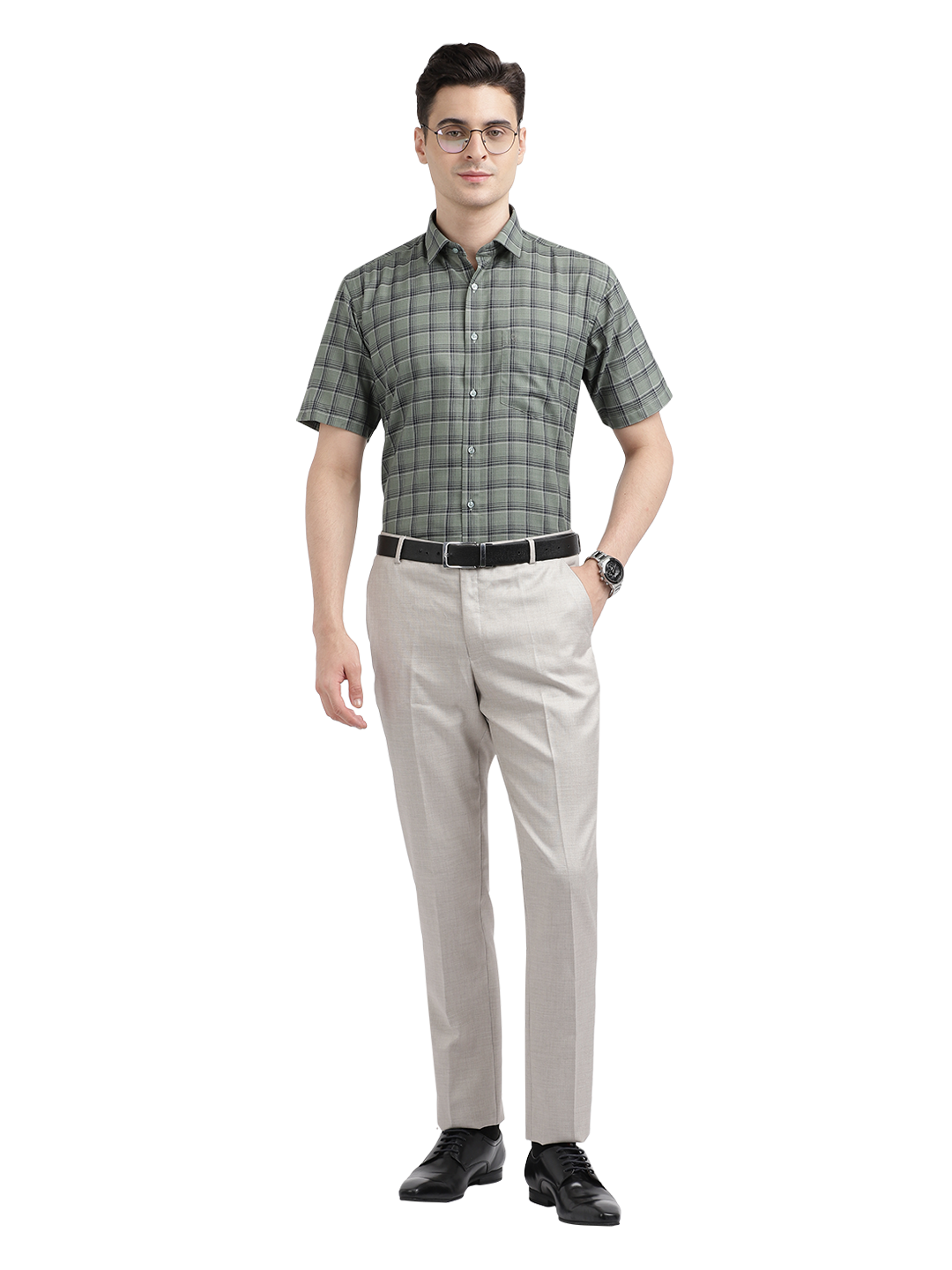 Model wearing Clarke Gable's Olive Green Checked Formal Shirt in a casual setting