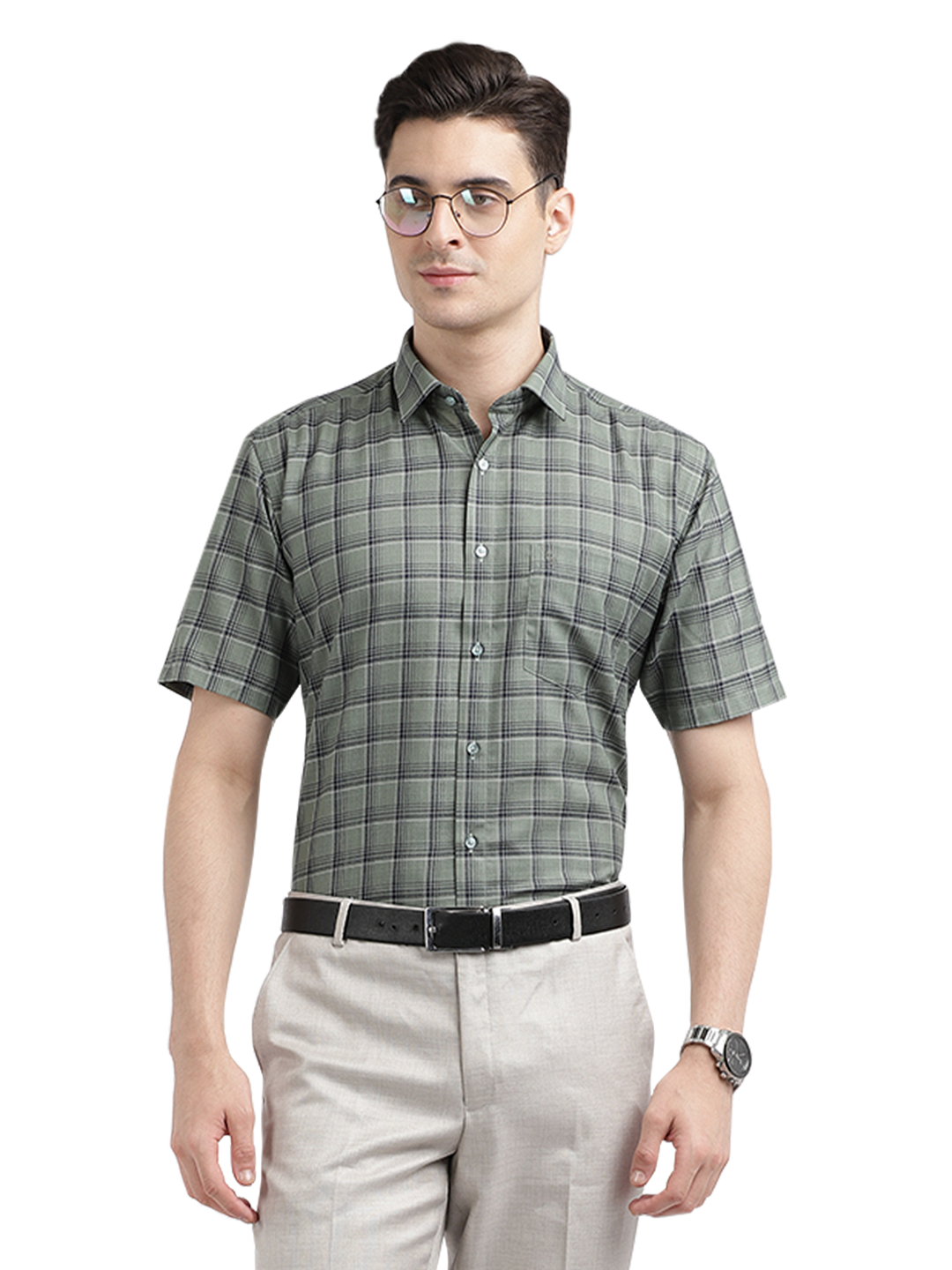 Model wearing Clarke Gable's Olive Green Checked Formal Shirt in a casual setting