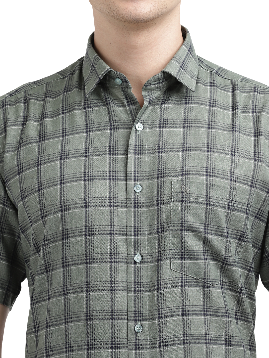 Model wearing Clarke Gable's Olive Green Checked Formal Shirt in a casual setting