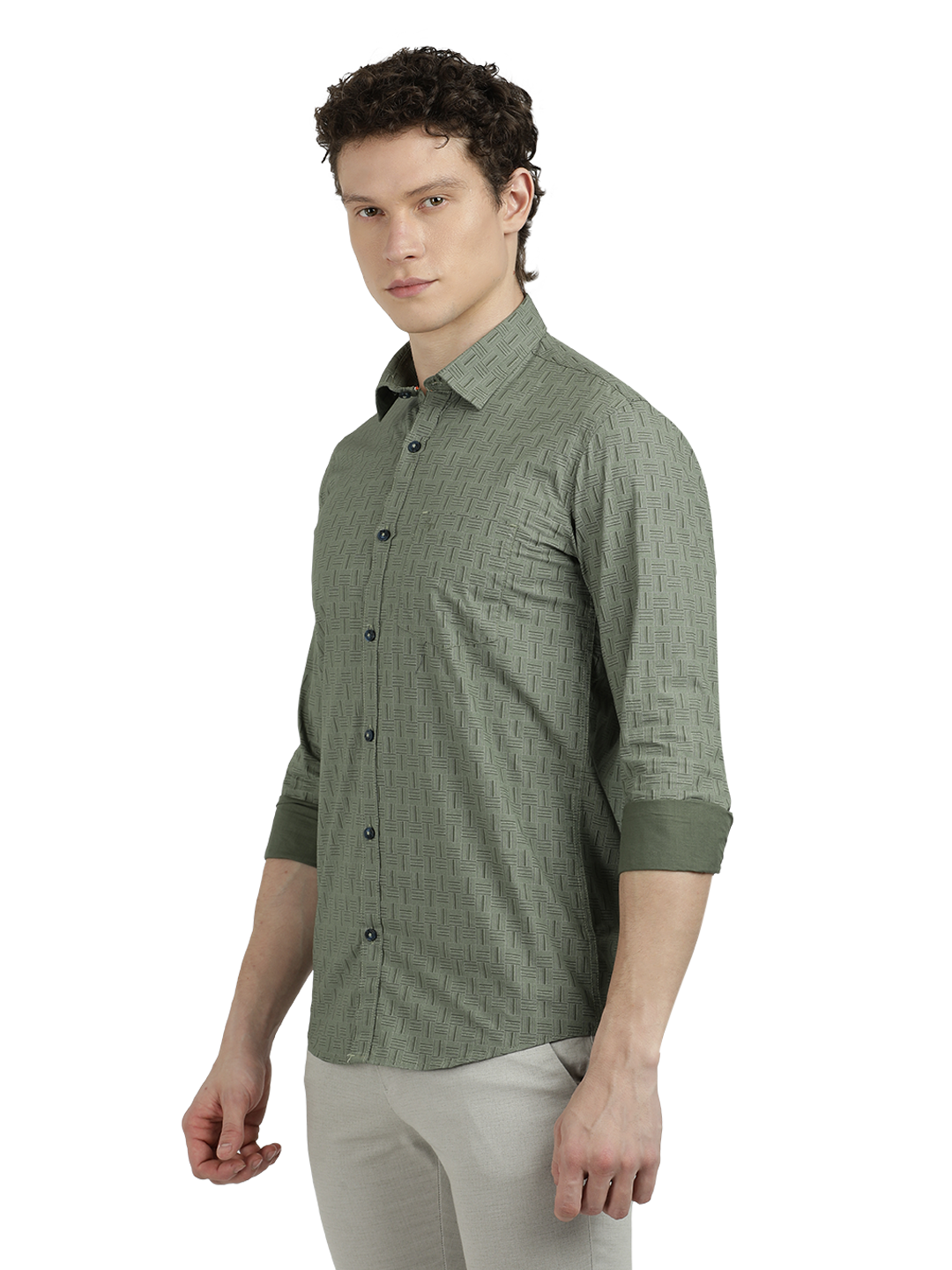 Model wearing Clarke Gable's Olive Green Printed Semi Casual Shirt in a casual setting