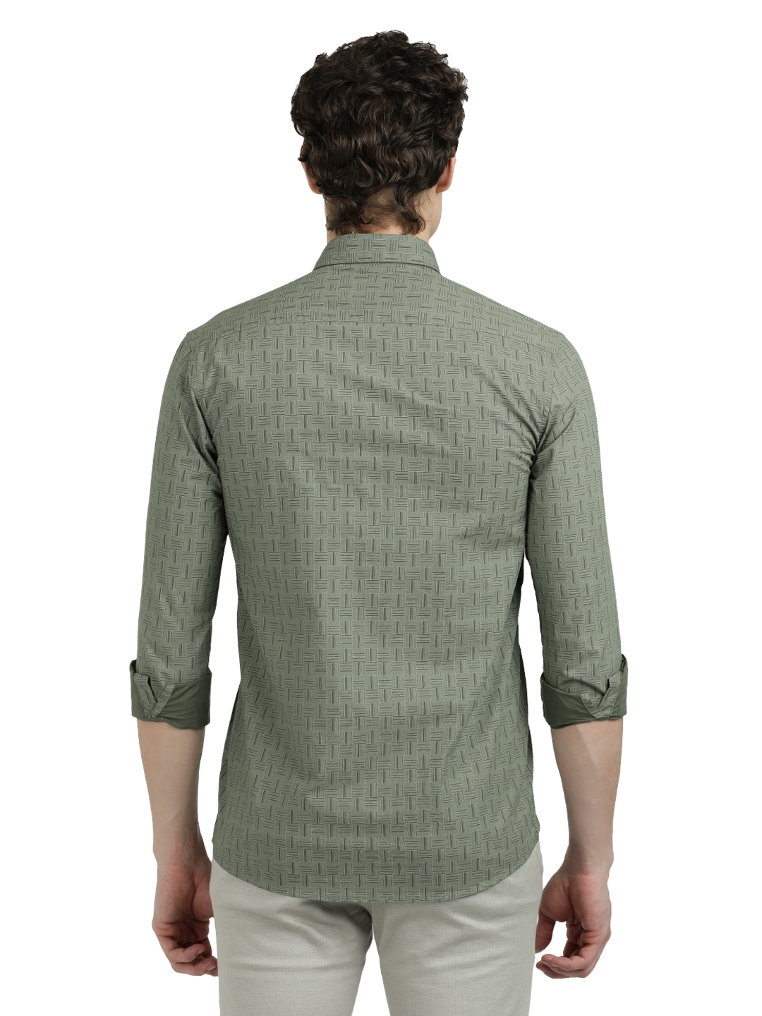 Model wearing Clarke Gable's Olive Green Printed Semi Casual Shirt in a casual setting