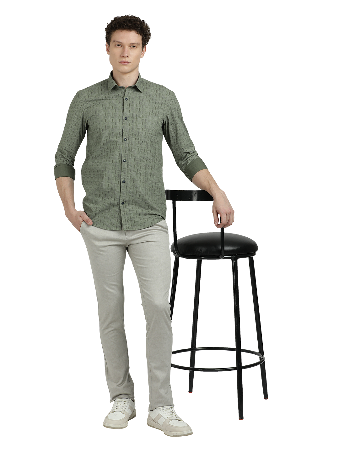 Model wearing Clarke Gable's Olive Green Printed Semi Casual Shirt in a casual setting