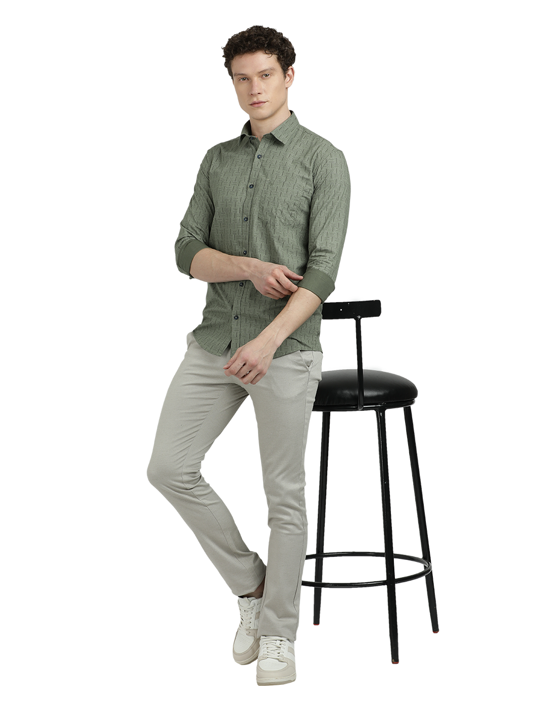 Model wearing Clarke Gable's Olive Green Printed Semi Casual Shirt in a casual setting