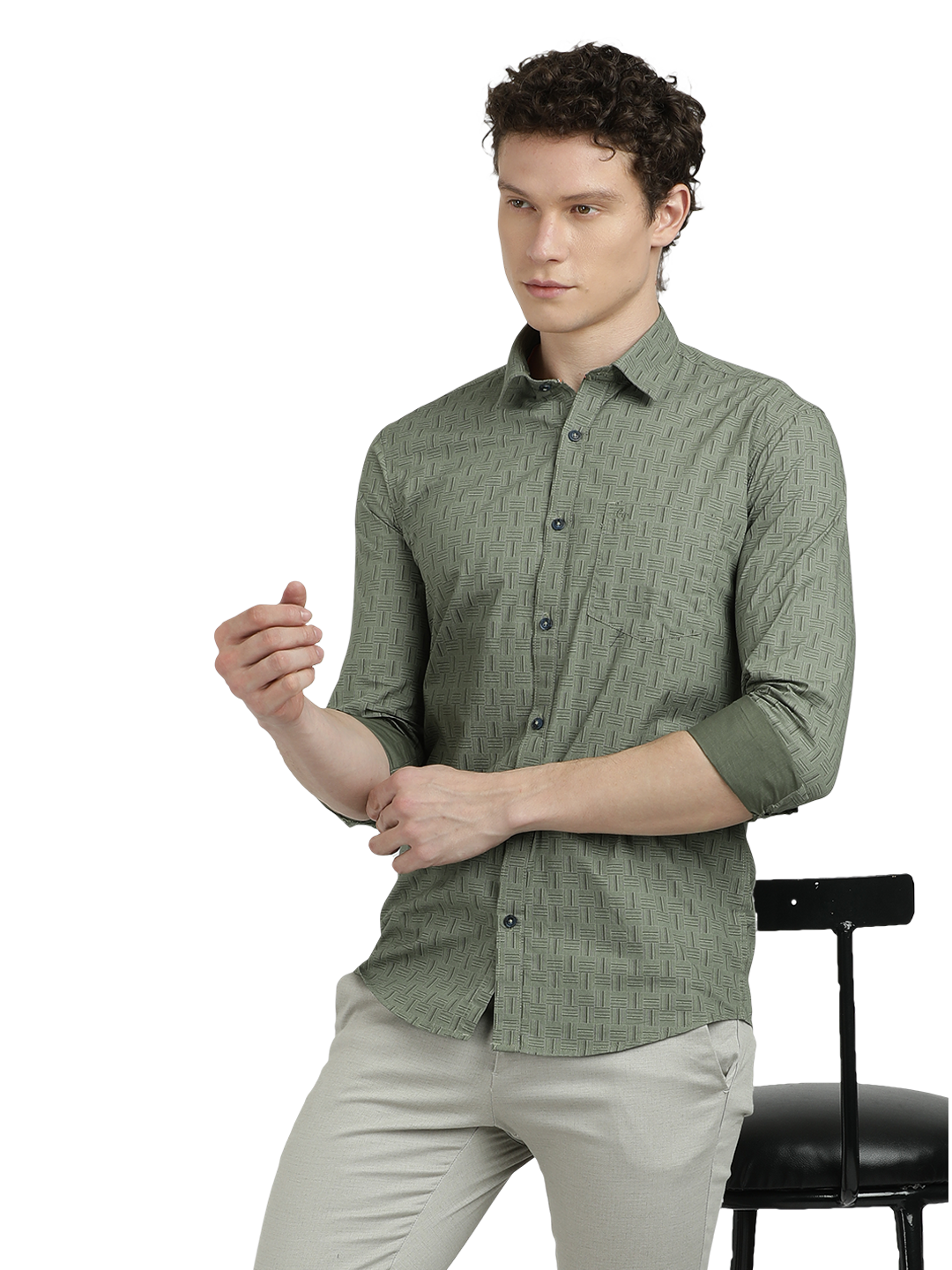 Model wearing Clarke Gable's Olive Green Printed Semi Casual Shirt in a casual setting