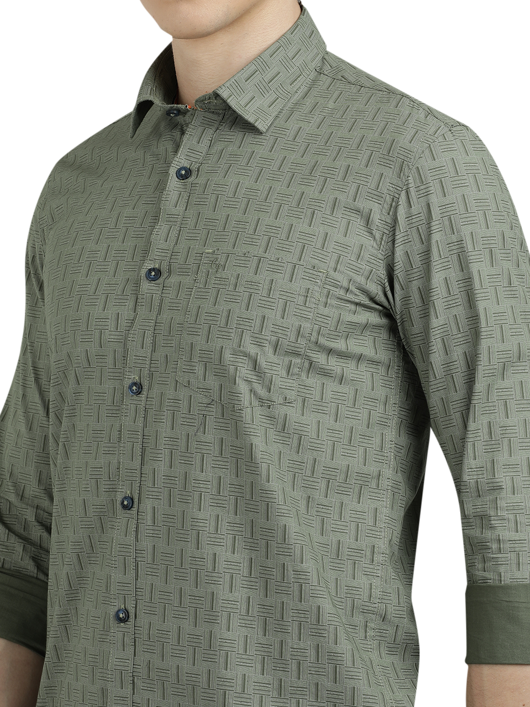 Model wearing Clarke Gable's Olive Green Printed Semi Casual Shirt in a casual setting