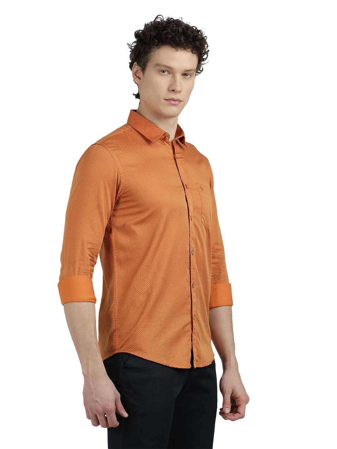 Model wearing Clarke Gable's Orange Printed Semi Casual Shirt in a casual setting