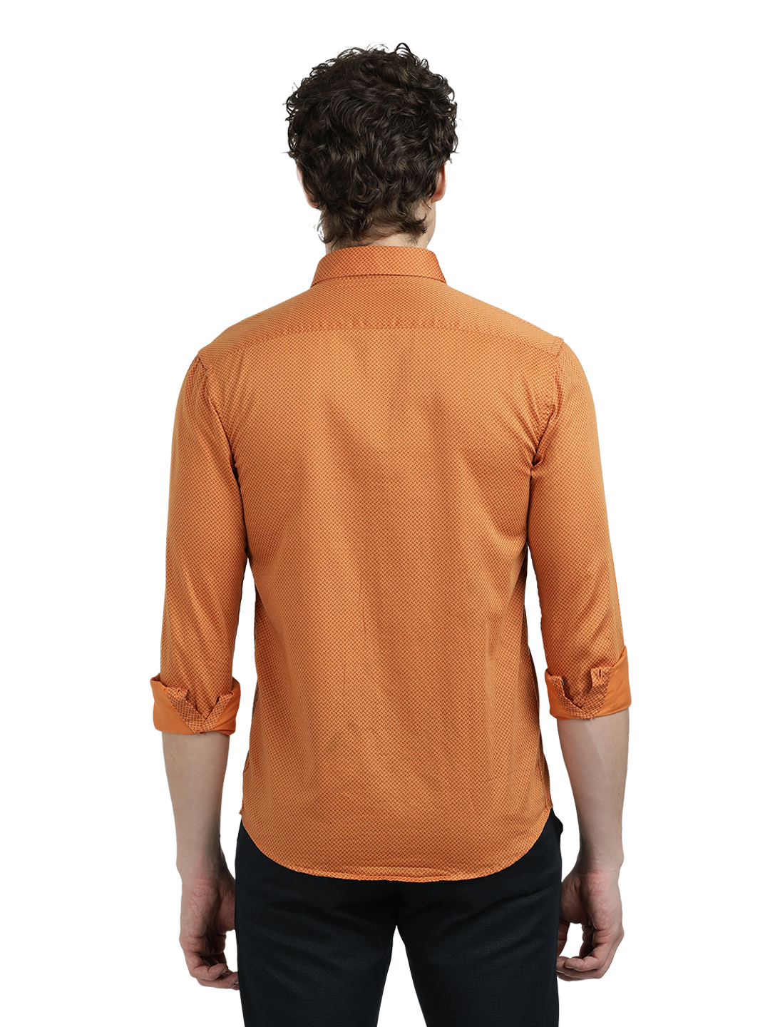 Model wearing Clarke Gable's Orange Printed Semi Casual Shirt in a casual setting