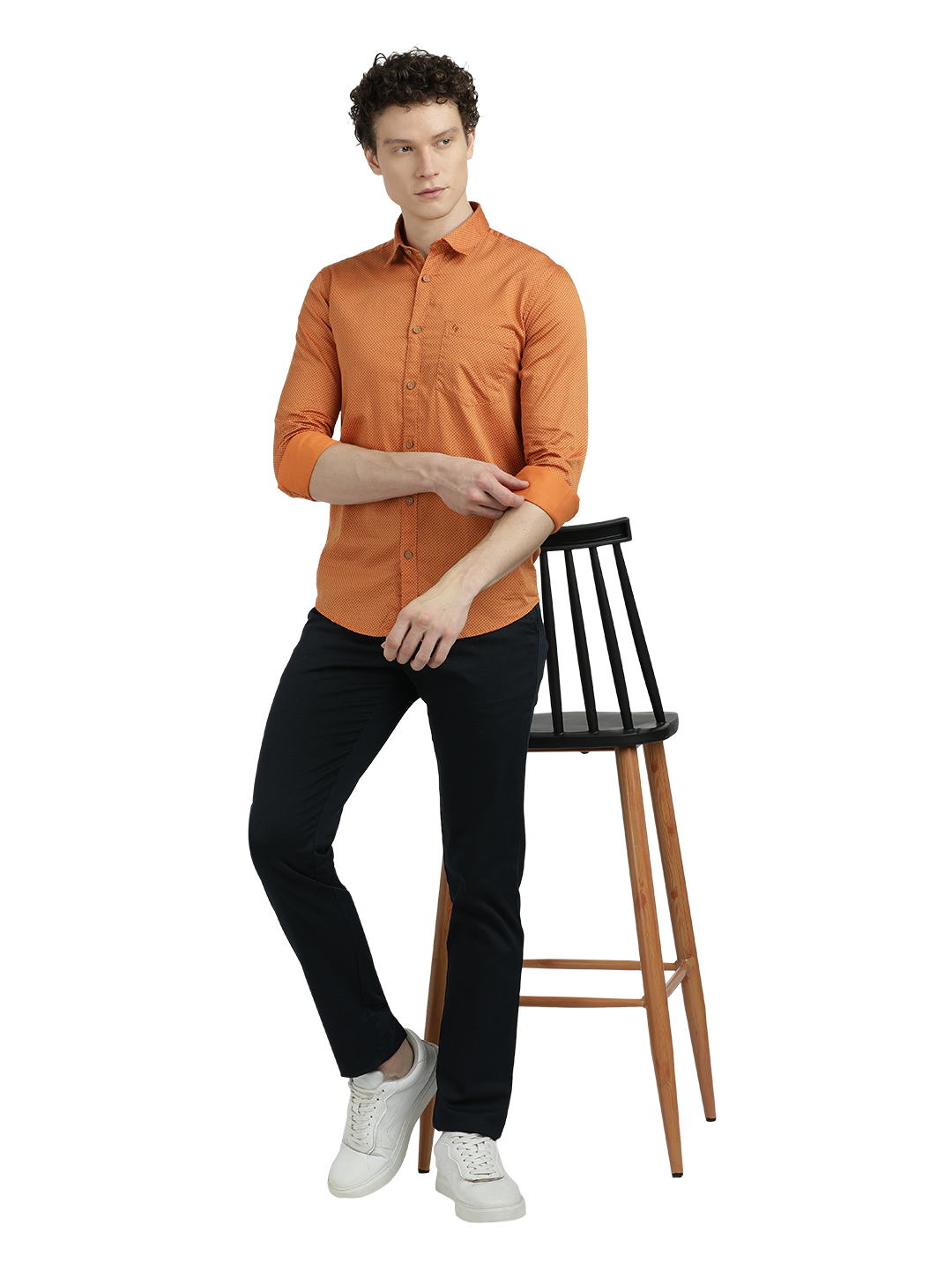 Model wearing Clarke Gable's Orange Printed Semi Casual Shirt in a casual setting