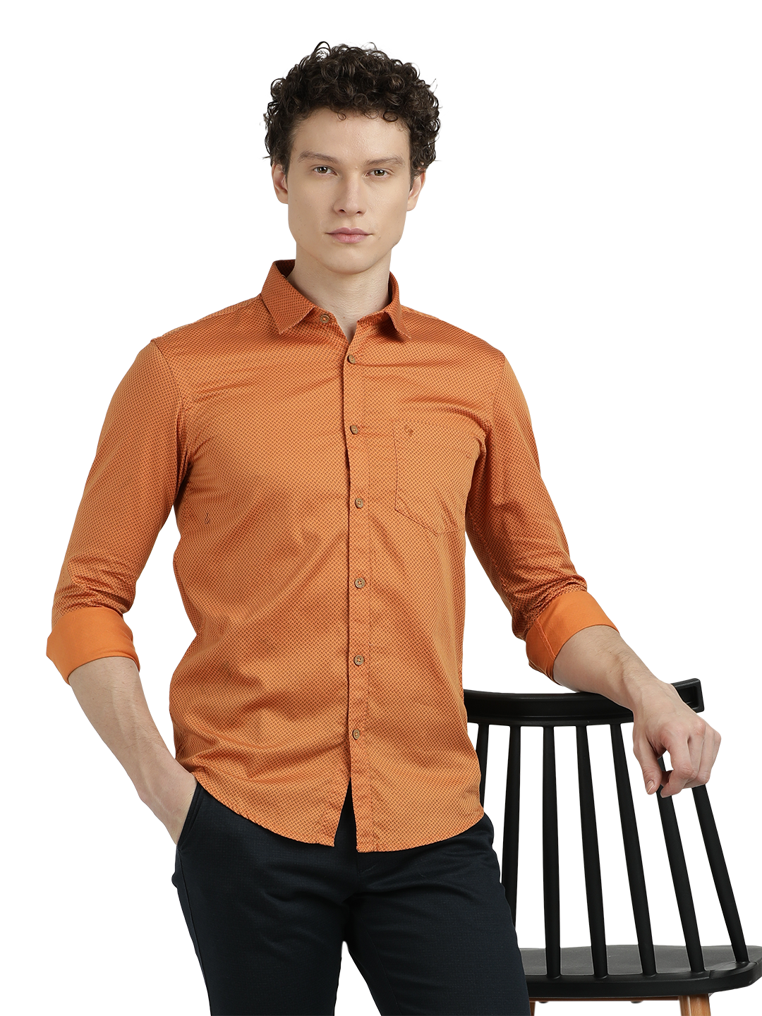 Model wearing Clarke Gable's Orange Printed Semi Casual Shirt in a casual setting
