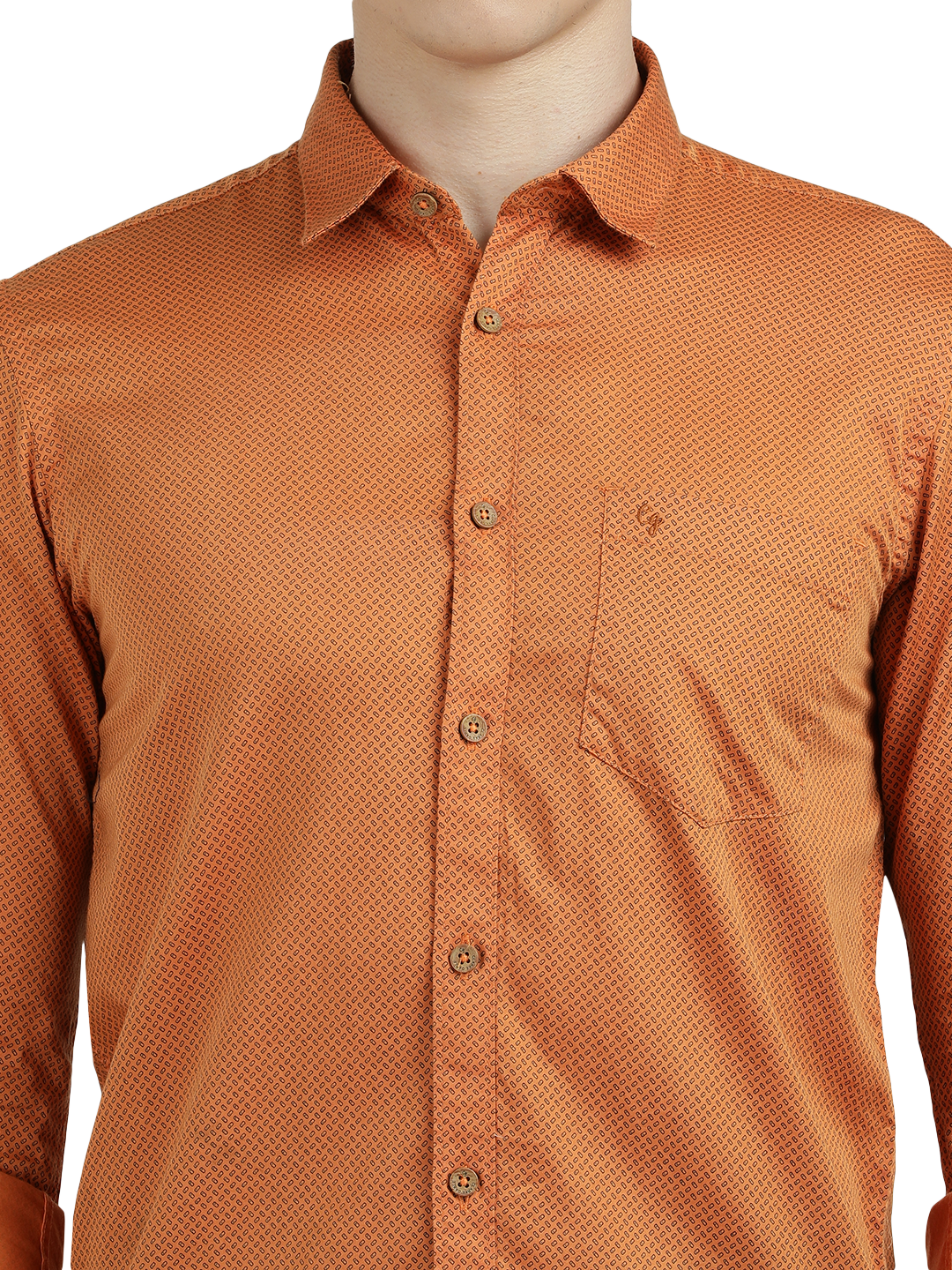 Model wearing Clarke Gable's Orange Printed Semi Casual Shirt in a casual setting