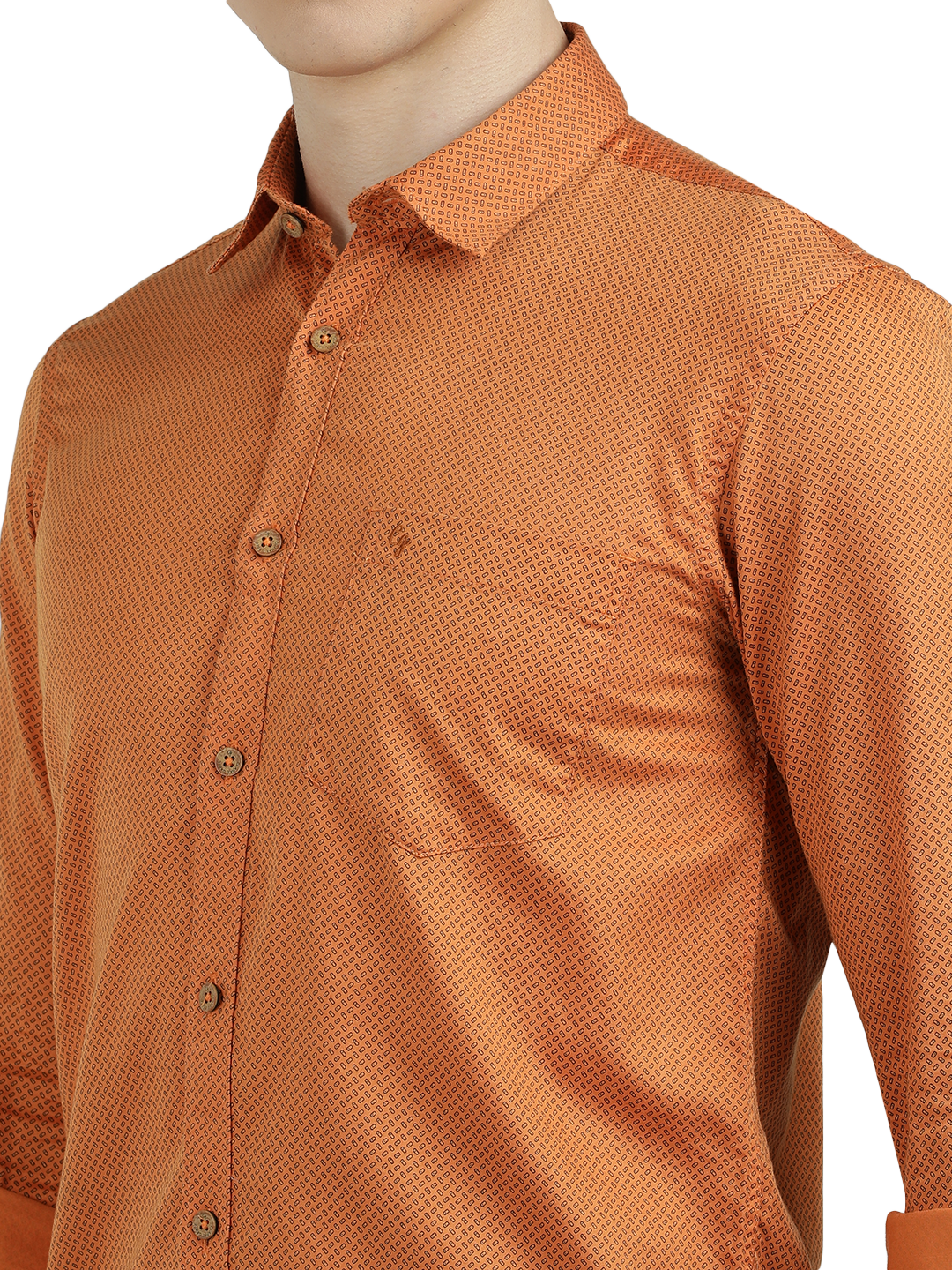 Model wearing Clarke Gable's Orange Printed Semi Casual Shirt in a casual setting