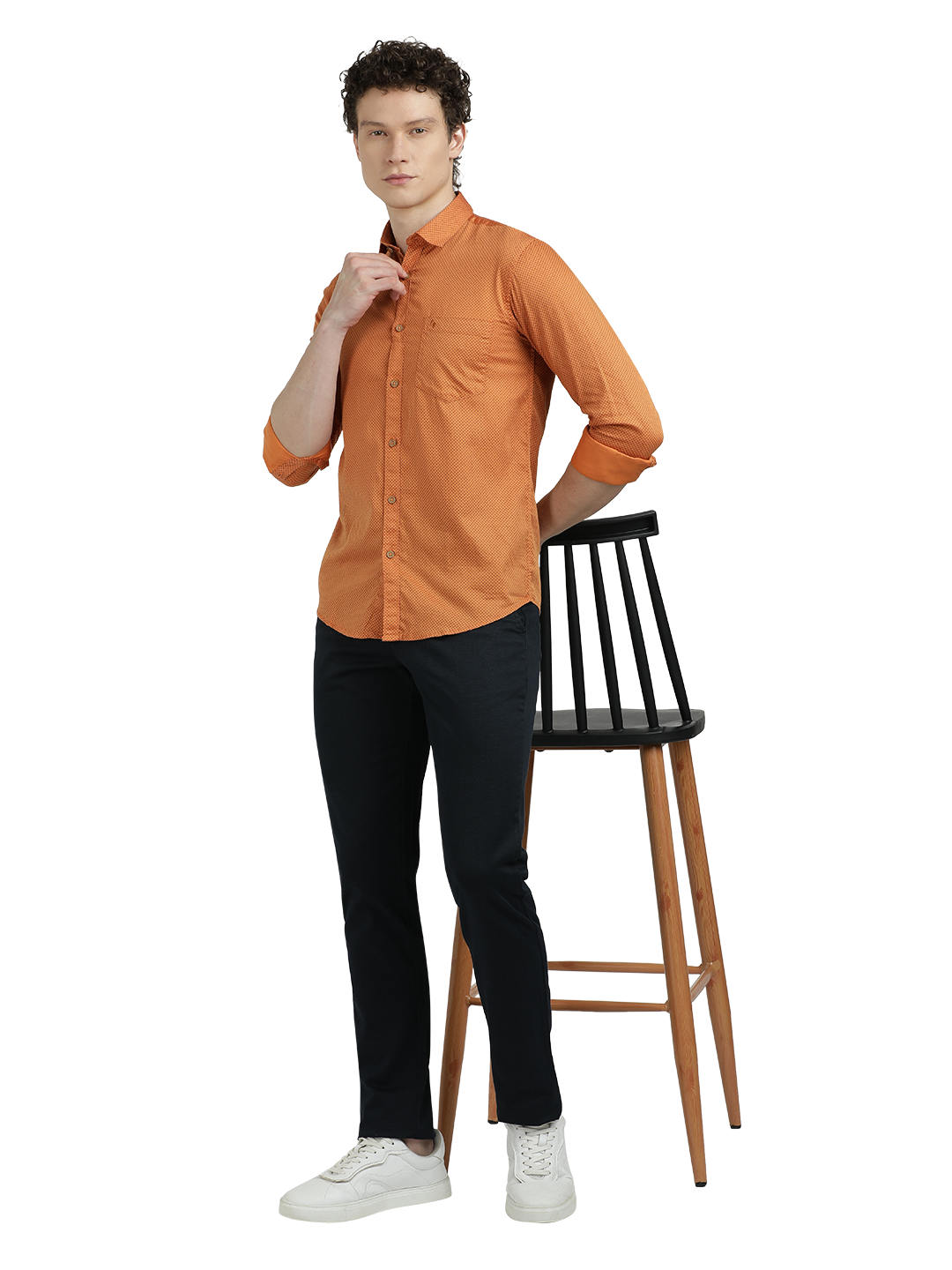 Model wearing Clarke Gable's Orange Printed Semi Casual Shirt in a casual setting