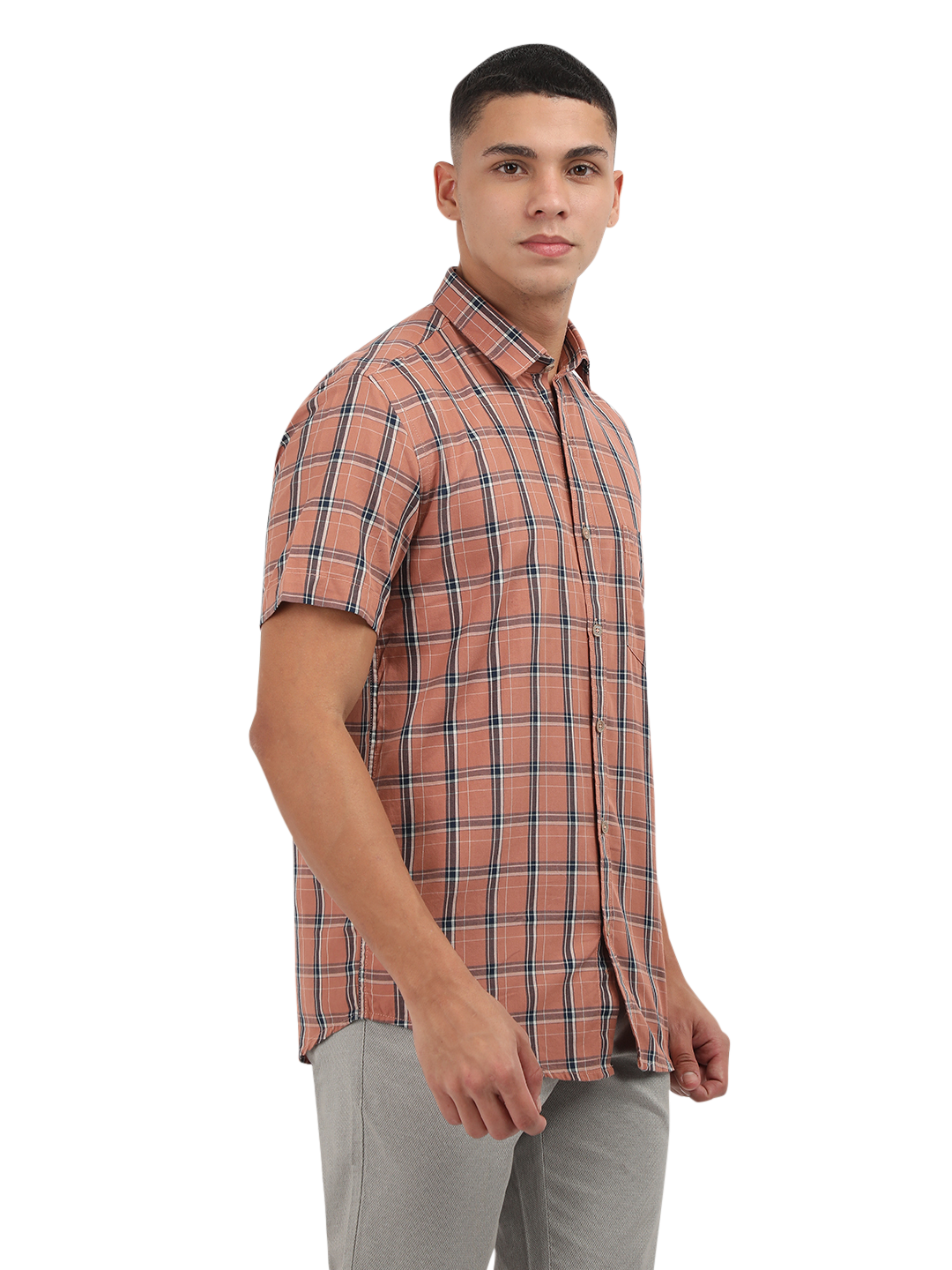 Model wearing Clarke Gable's Orange With Blue Checked Semi Casual Shirt in a casual setting