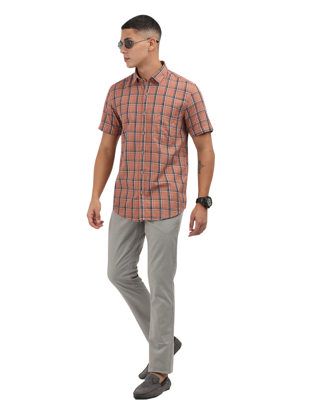 Model wearing Clarke Gable's Orange With Blue Checked Semi Casual Shirt in a casual setting