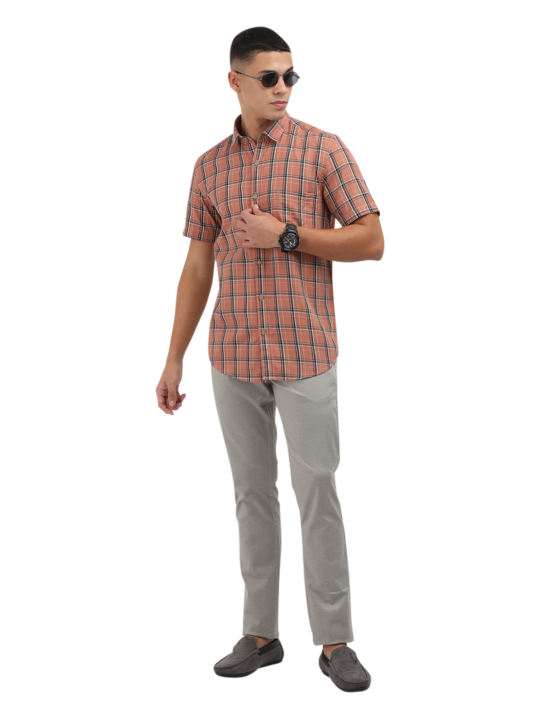 Model wearing Clarke Gable's Orange With Blue Checked Semi Casual Shirt in a casual setting