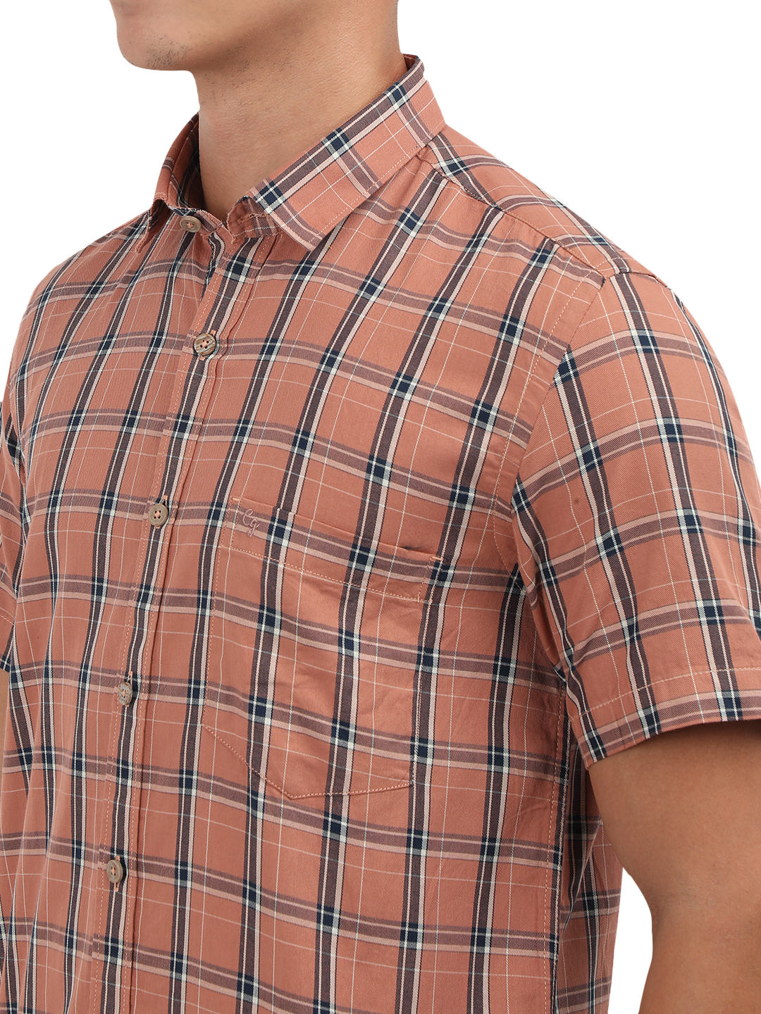 Model wearing Clarke Gable's Orange With Blue Checked Semi Casual Shirt in a casual setting