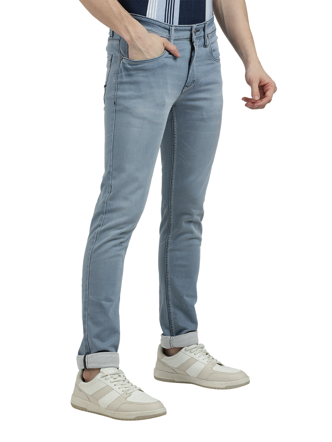 Model wearing Clarke Gable's Pastel Blue Skinny Fit Jeans in a casual setting