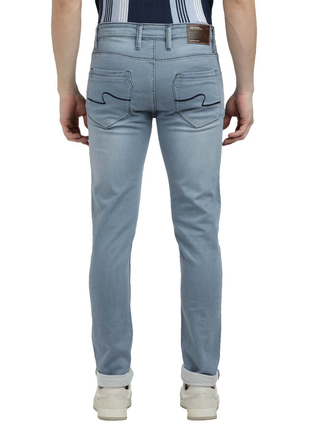 Model wearing Clarke Gable's Pastel Blue Skinny Fit Jeans in a casual setting
