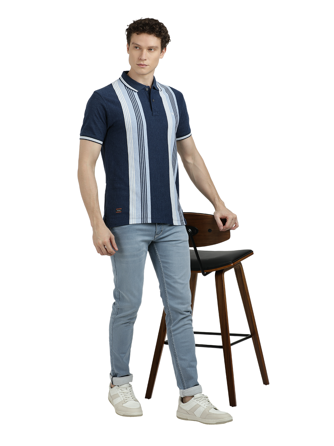 Model wearing Clarke Gable's Pastel Blue Skinny Fit Jeans in a casual setting
