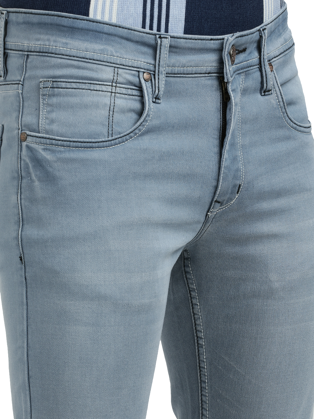 Model wearing Clarke Gable's Pastel Blue Skinny Fit Jeans in a casual setting