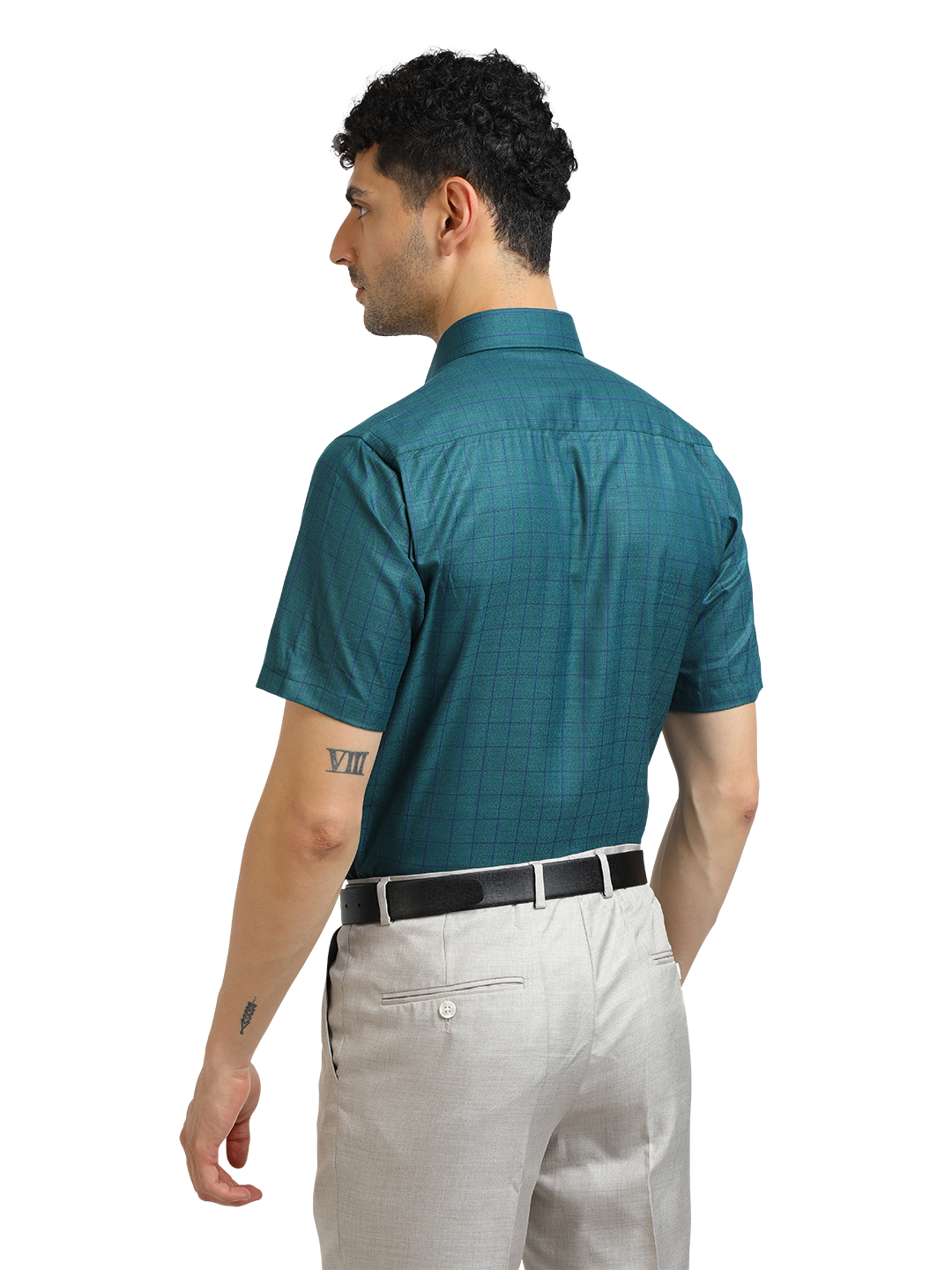 Model wearing Clarke Gable's Peacock Blue Checked Formal Shirt in a casual setting