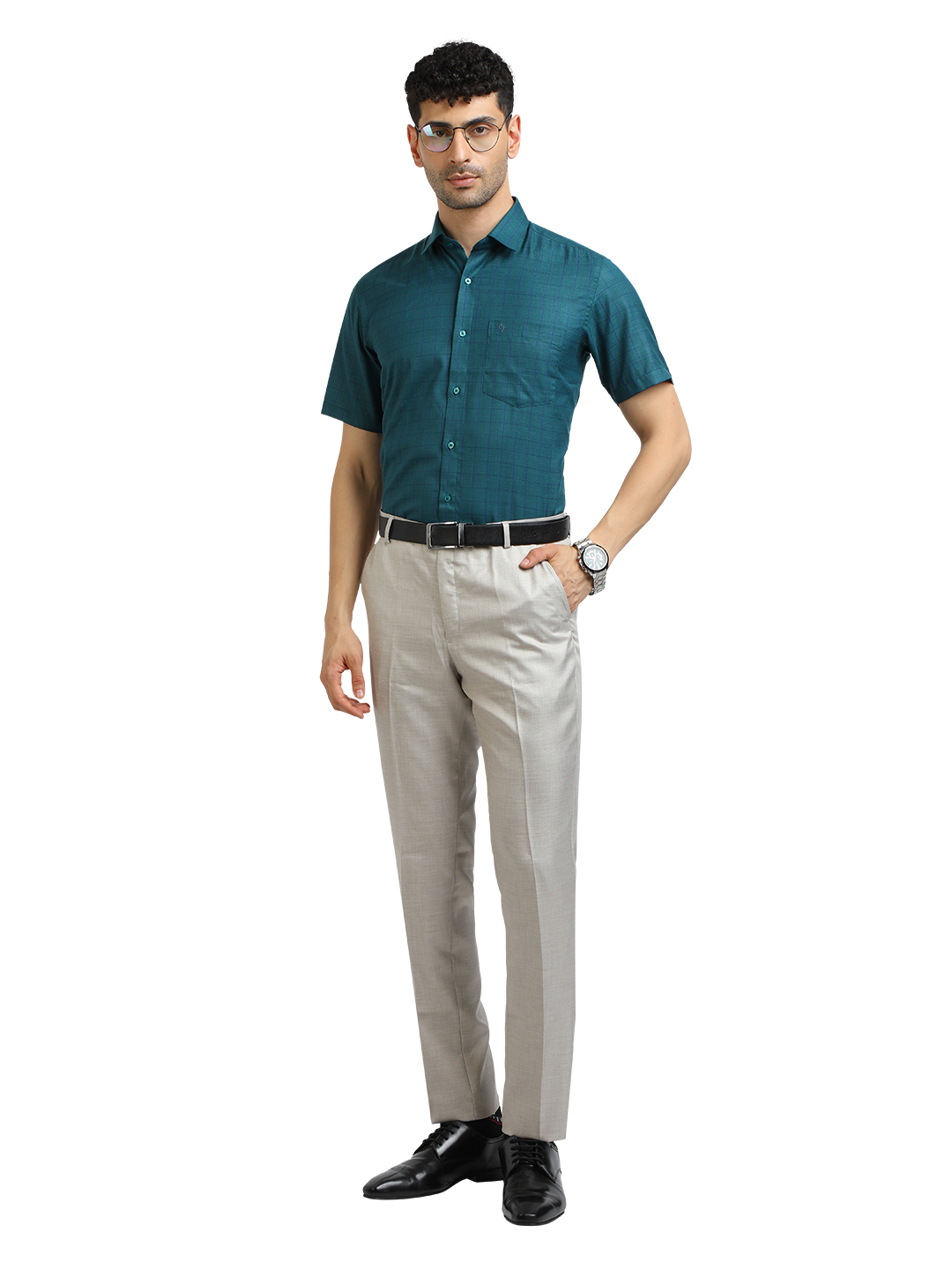 Model wearing Clarke Gable's Peacock Blue Checked Formal Shirt in a casual setting