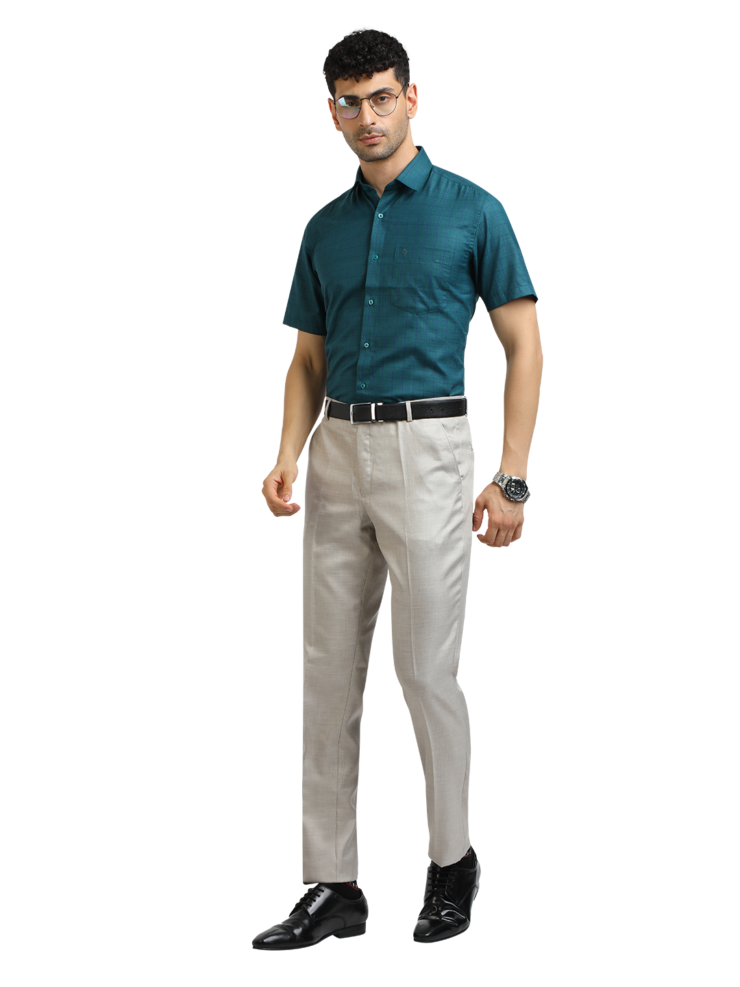 Model wearing Clarke Gable's Peacock Blue Checked Formal Shirt in a casual setting