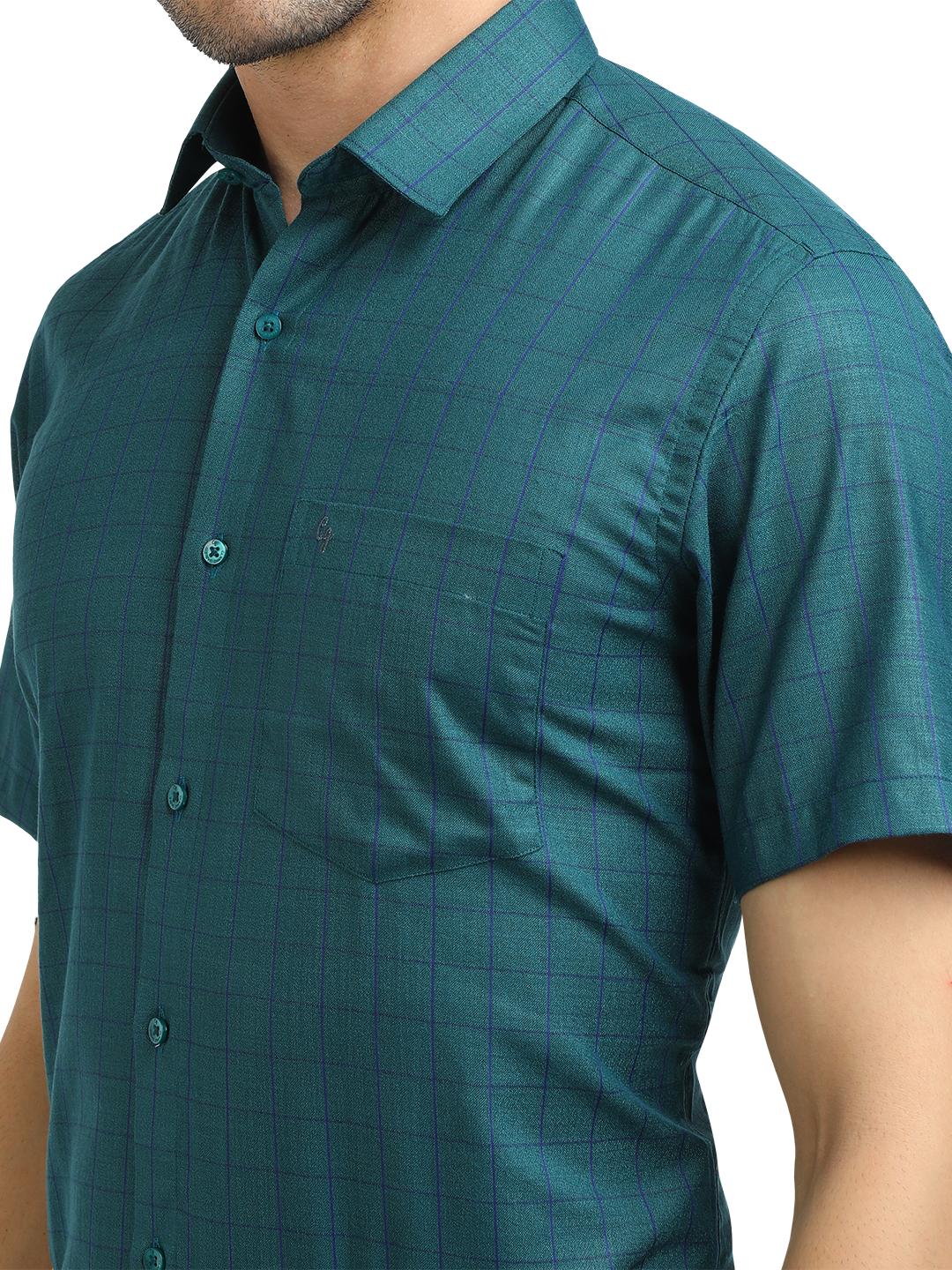 Model wearing Clarke Gable's Peacock Blue Checked Formal Shirt in a casual setting