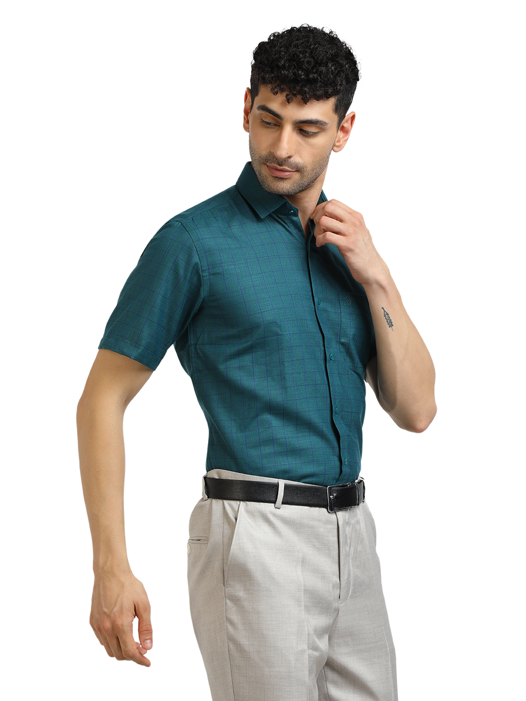 Model wearing Clarke Gable's Peacock Blue Checked Formal Shirt in a casual setting