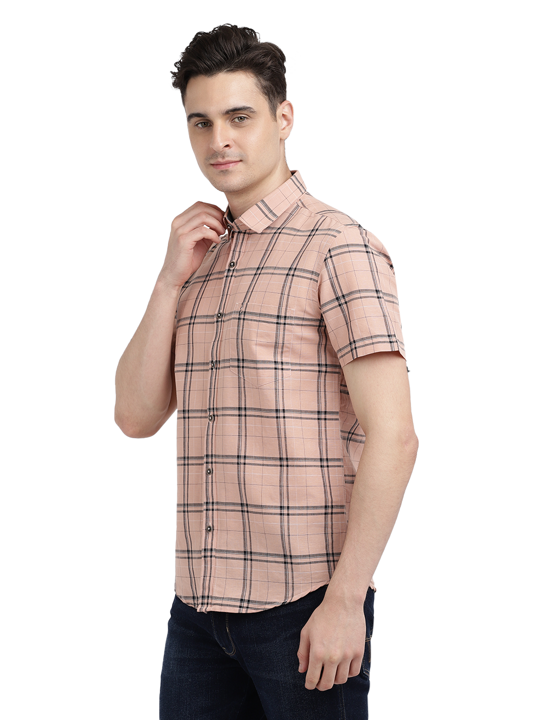 Model wearing Clarke Gable's Pink Checked Casual Shirt in a casual setting