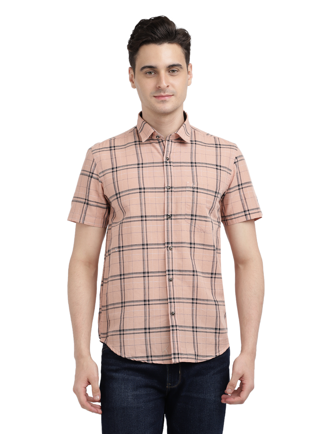 Model wearing Clarke Gable's Pink Checked Casual Shirt in a casual setting