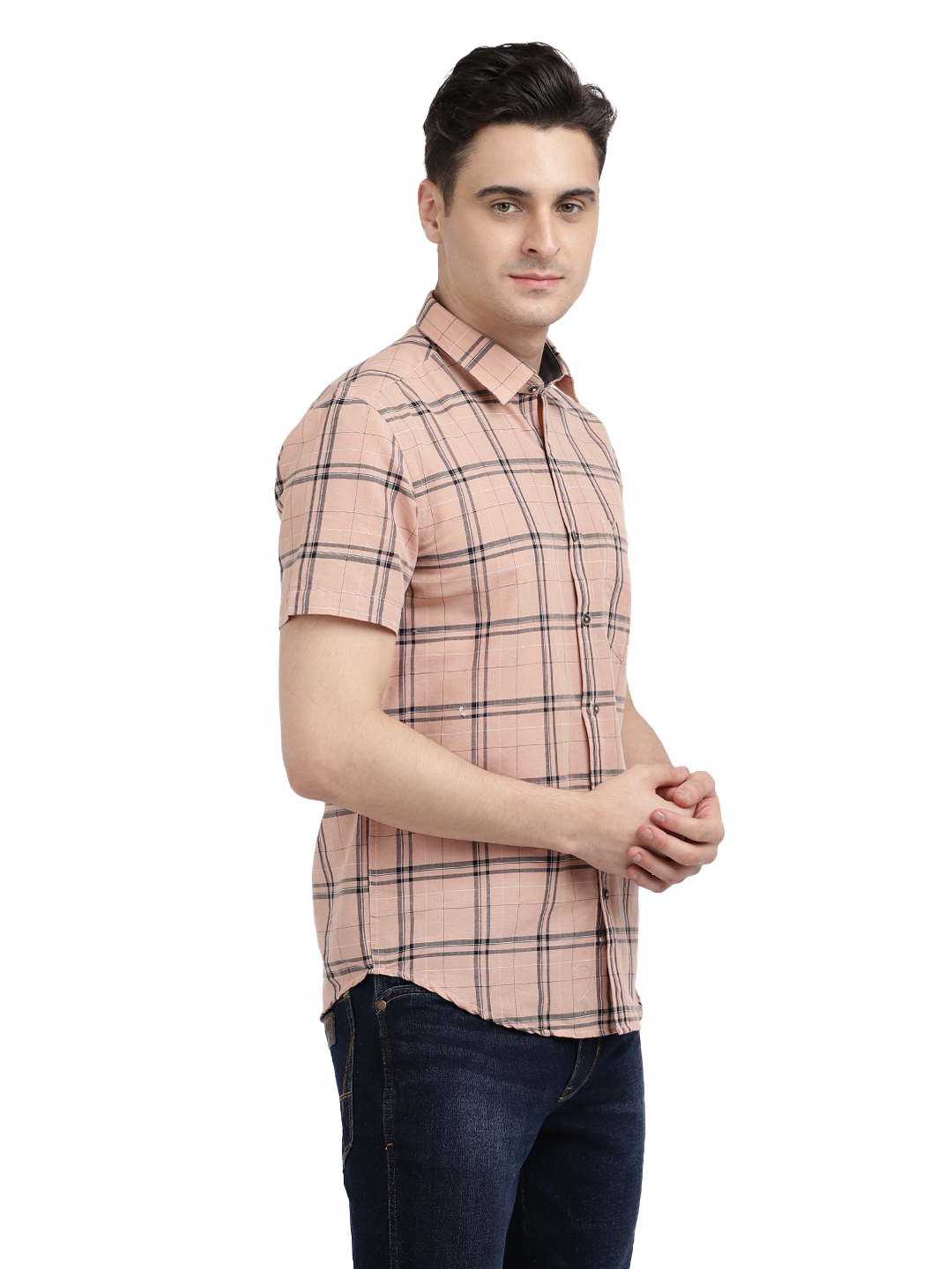 Model wearing Clarke Gable's Pink Checked Casual Shirt in a casual setting