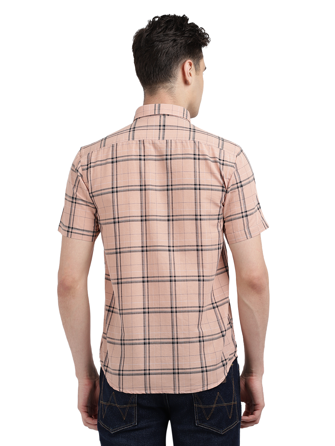 Model wearing Clarke Gable's Pink Checked Casual Shirt in a casual setting