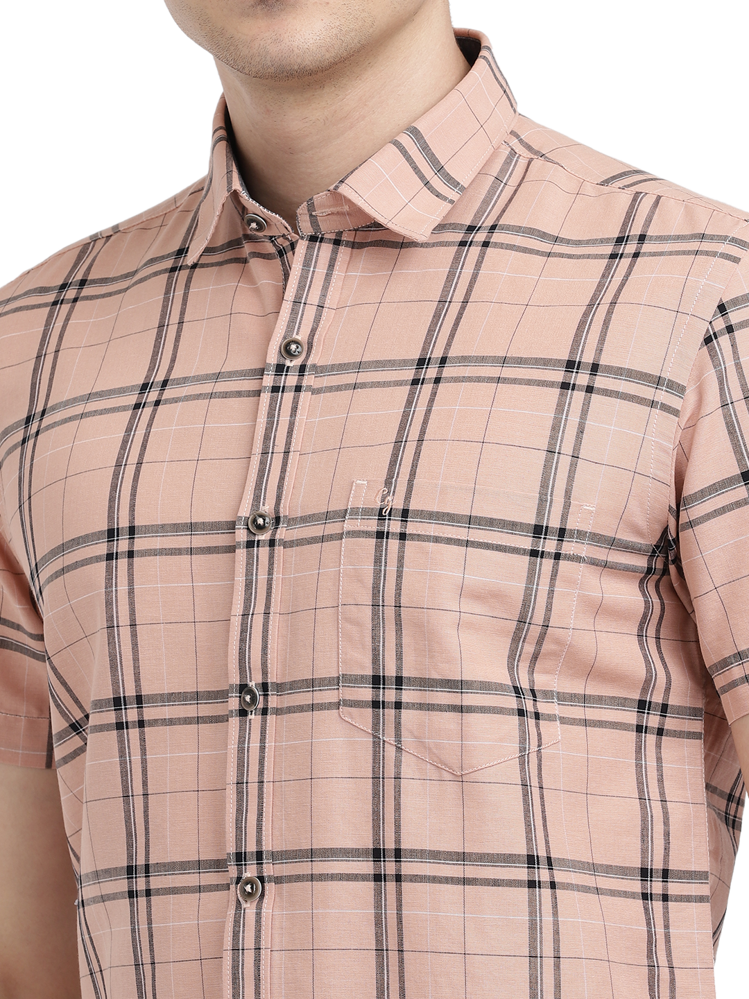 Model wearing Clarke Gable's Pink Checked Casual Shirt in a casual setting