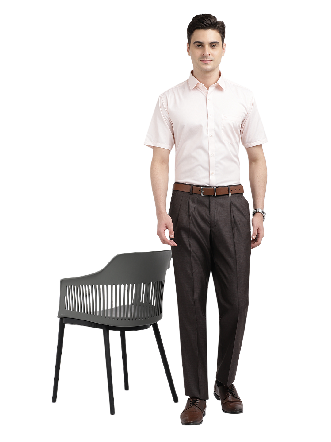 Model wearing Clarke Gable's Pink Striped Formal Shirt in a casual setting