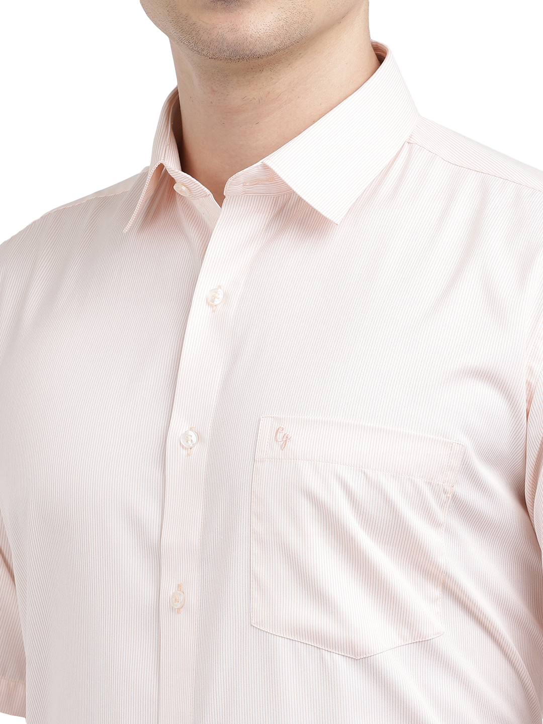 Model wearing Clarke Gable's Pink Striped Formal Shirt in a casual setting