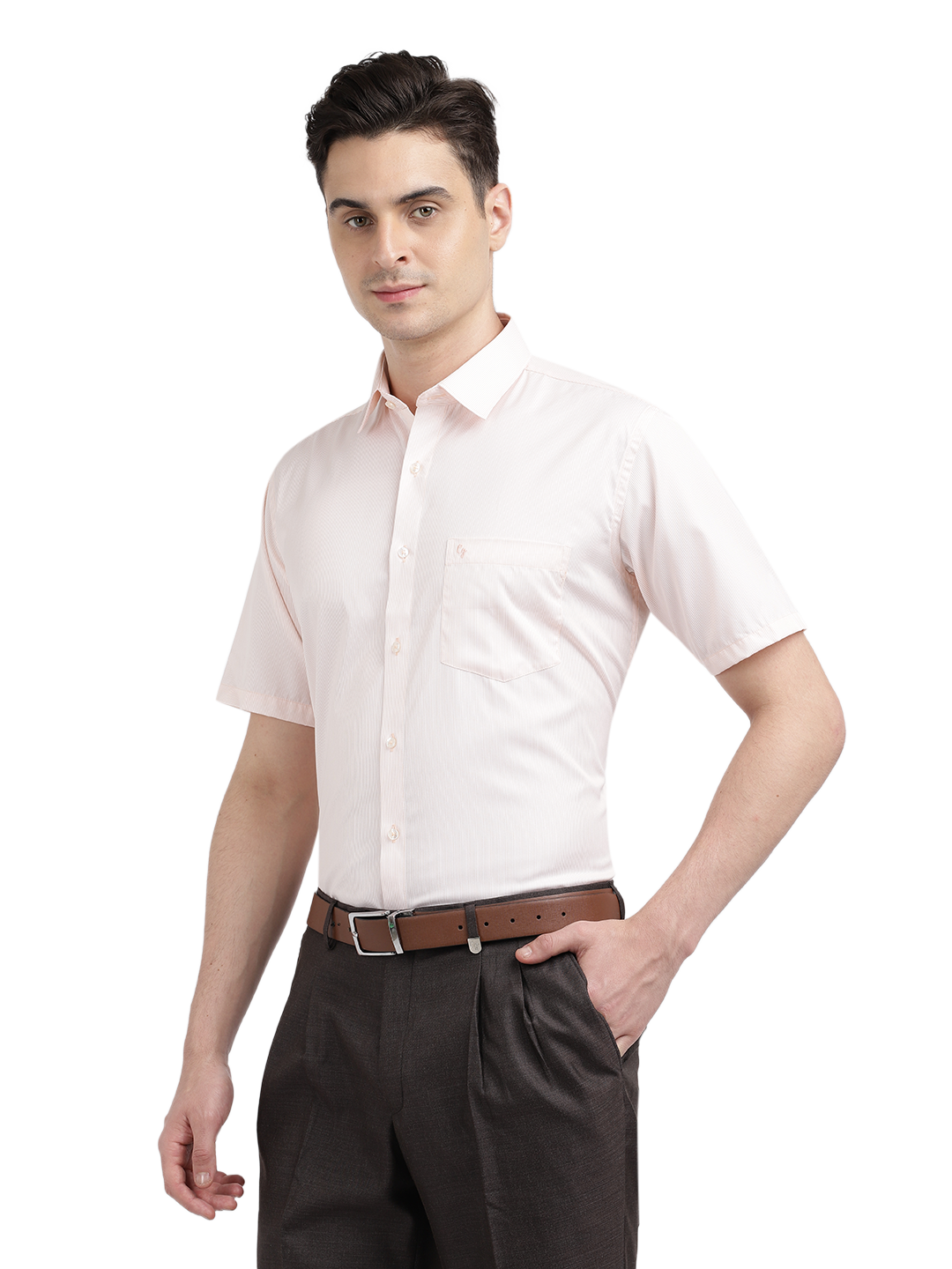 Model wearing Clarke Gable's Pink Striped Formal Shirt in a casual setting