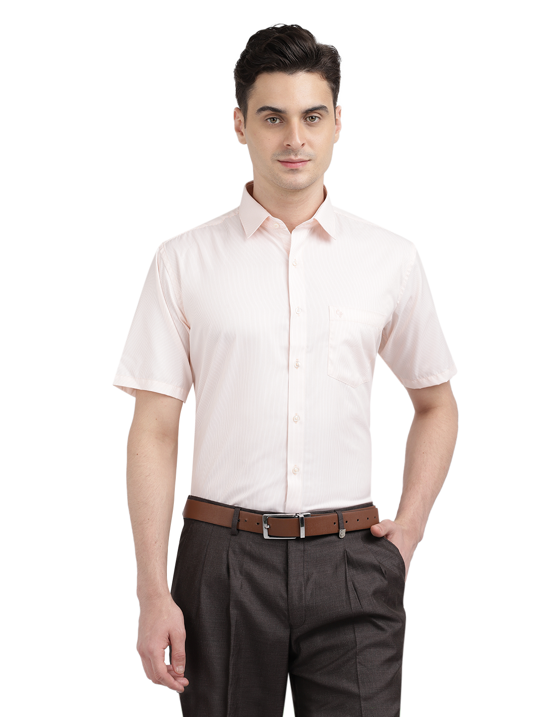 Model wearing Clarke Gable's Pink Striped Formal Shirt in a casual setting